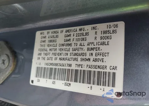 2007 Honda Accord 2.4 Ex z USA, uszkodzony, nr VIN 1HGCM56887A041798